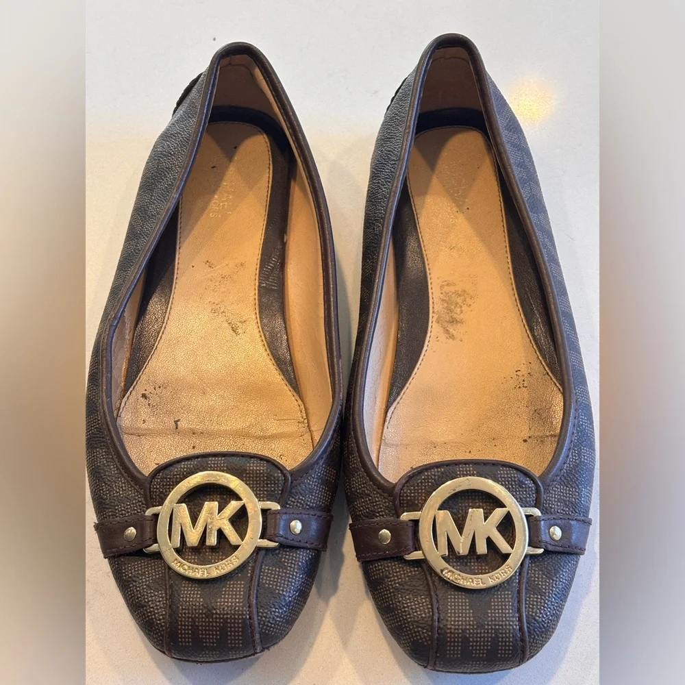 Michael Kors Fulton Brown Leather MK Logo Ballet Flats Shoes Women’s Size US 8